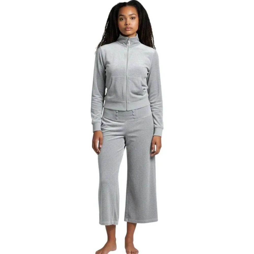 Juicy Couture Gray Velour Track Suit Set Wide Leg Pants Jacket M